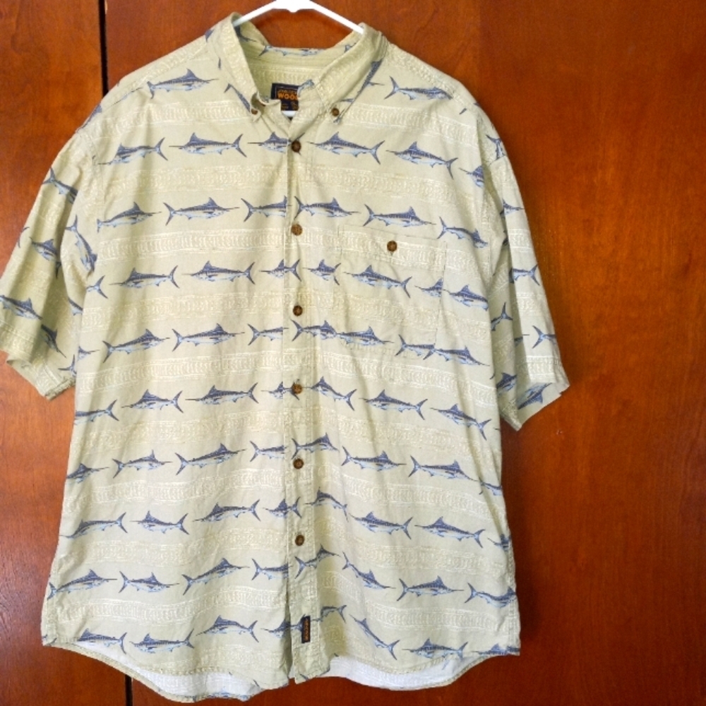 Woolrich Vintage Swordfish Khaki Button Down Shirt Fishing Outdoor